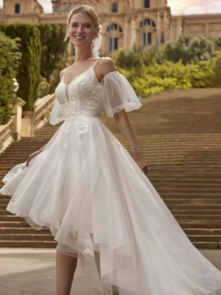 V-Neck Short Sleeves A-Line Knee-Length Bridal Dress