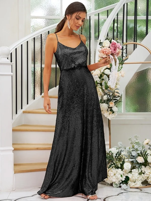 Sequin Spaghetti Strap Sleeveless Maxi Bridesmaid Dress