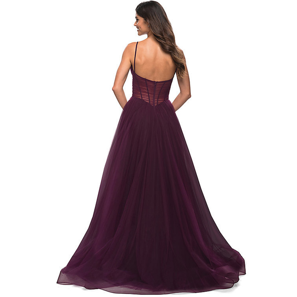 Deep V Neck Sleeveless Pleated Long Evening Slit Dress