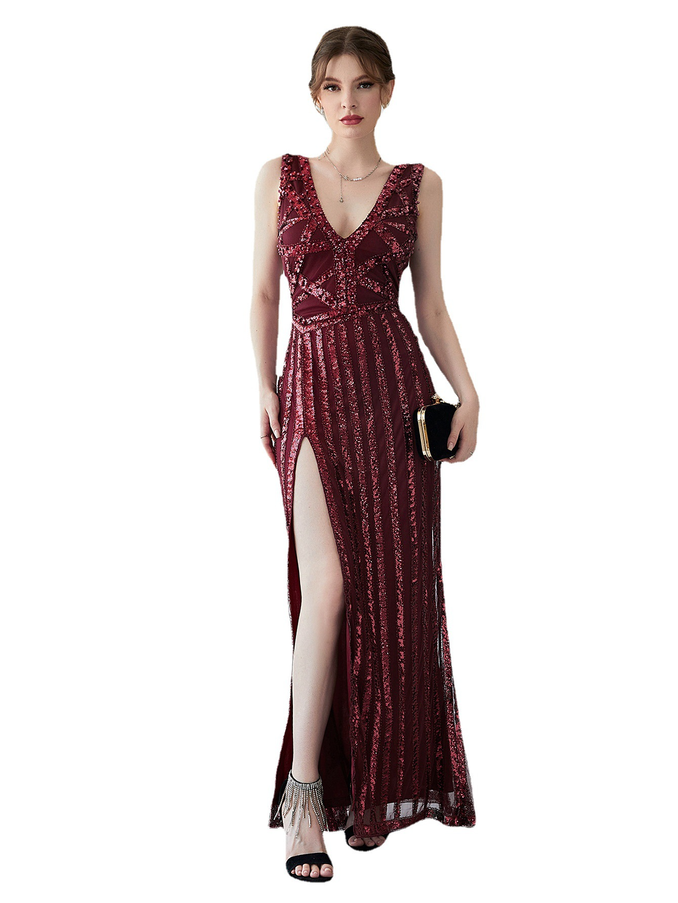 Deep V Neck Sleeveless Long Evening Dress