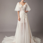 Ivory Lace Deep V Neck Short Butterfly Sleeves Wedding Dress