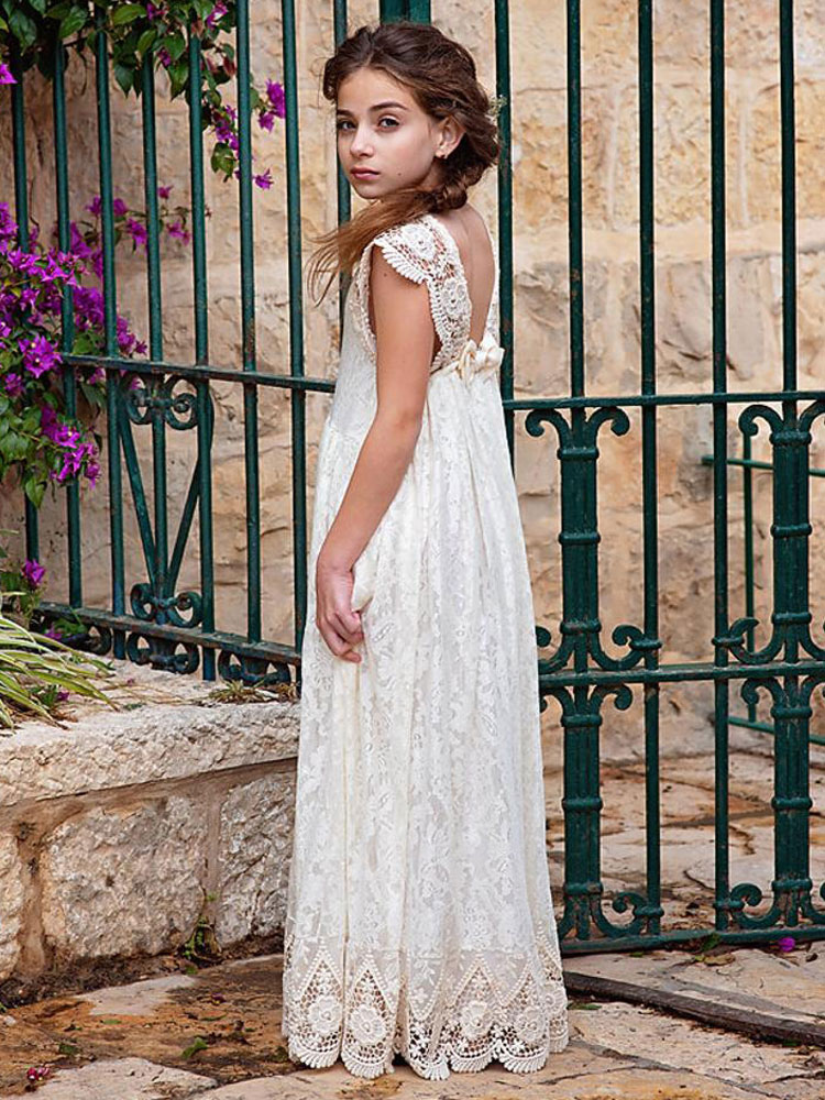 Ivory Lace Deep V Neck Short Sleeves Kids Party Dress