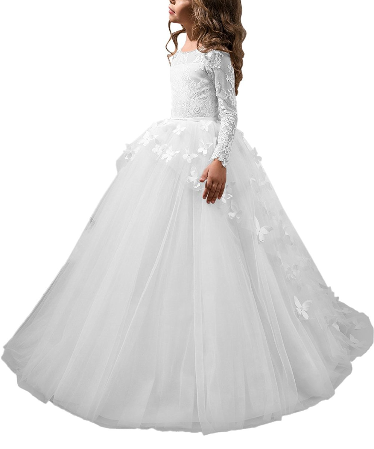 Lace Butterfly Applique Full Sleeves Kids Wedding Dress