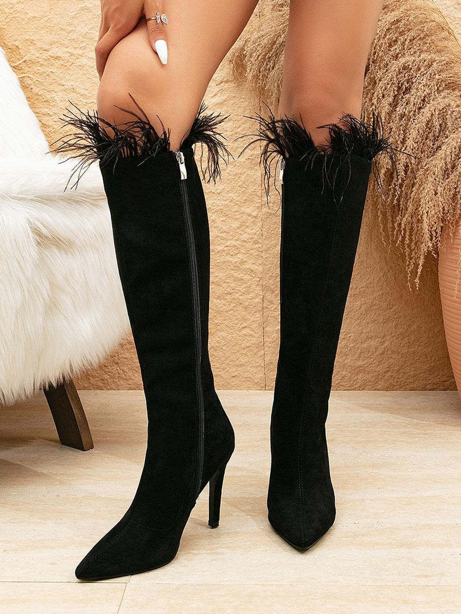 Pointed Toe High Heel Boots with Feather Detail