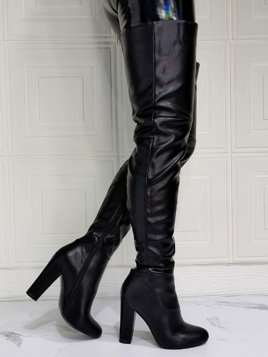 Black PU Leather Sky-High Chunky Heel Thigh-High Boots