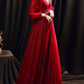 Dark Red Deep V Neck Long Puff Sleeves Prom Dress