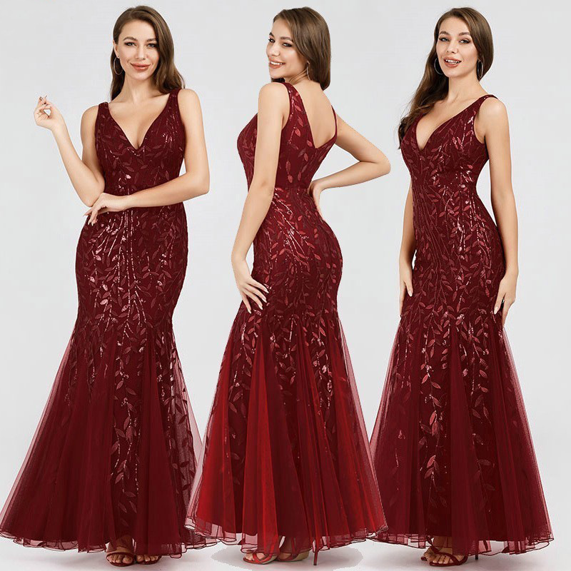 Sequin Deep V Neck Sleeveless Mermaid Evening Dress