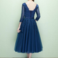 Navy Lace Applique V Neck Long Sleeves Prom Dress