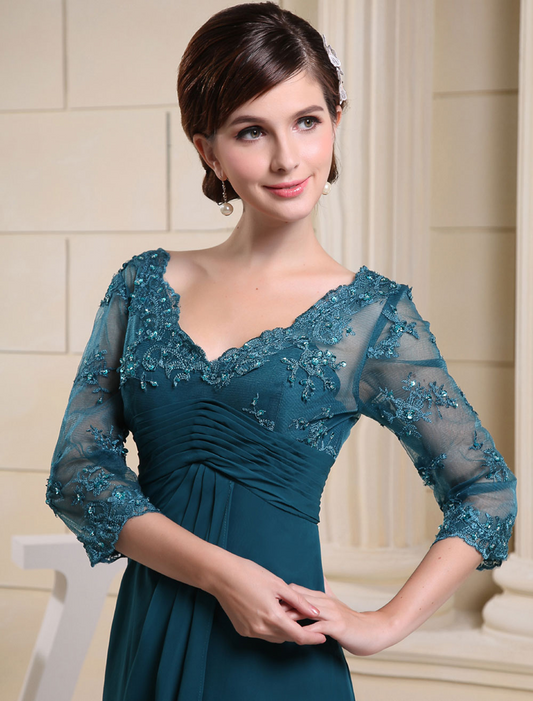 Teal Applique Beaded Long Sleeves Bridesmaid Dress