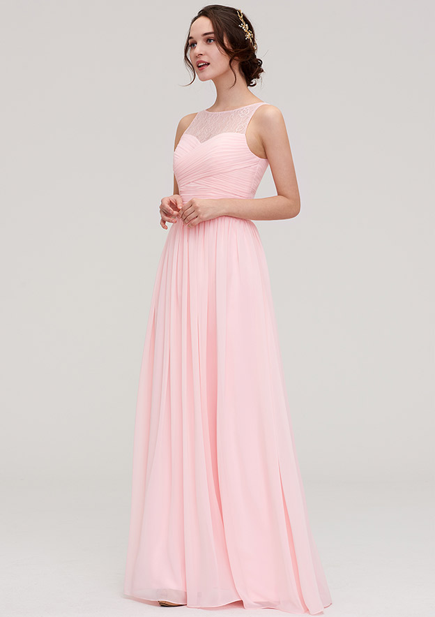 Papaya Whip Jewel Neck Sleeveless Maxi Bridesmaid Dress