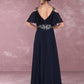 Navy Chiffon Beading Cold Shoulder Pleated Bridesmaid Dress