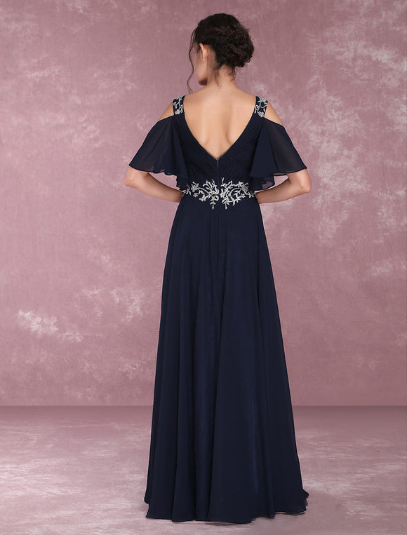 Navy Chiffon Beading Cold Shoulder Pleated Bridesmaid Dress