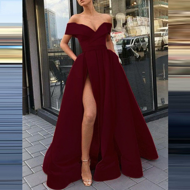 Satin Off-Shoulder Sleeveless Long Evening Slit Dress