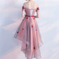 Light Pink Off The Shoulder Lace Applique Tulle High Low Prom Dress