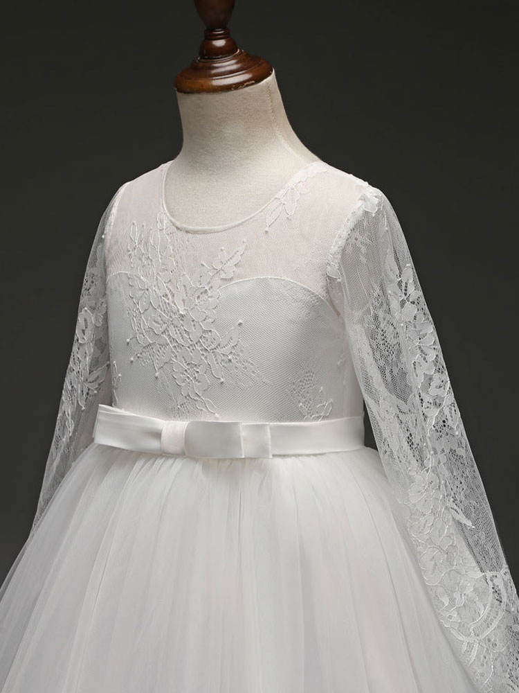 White Lace Jewel Neck Long Sleeves Kids Wedding Dress