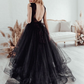 Black A-Line Lace Applique Backless Sleeveless Wedding Dress