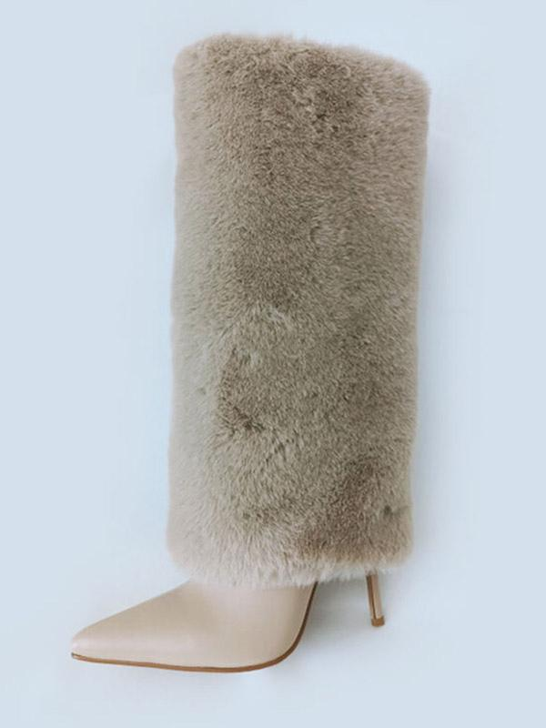 Plush Fuzzy Stiletto Heel Knee-High Boots