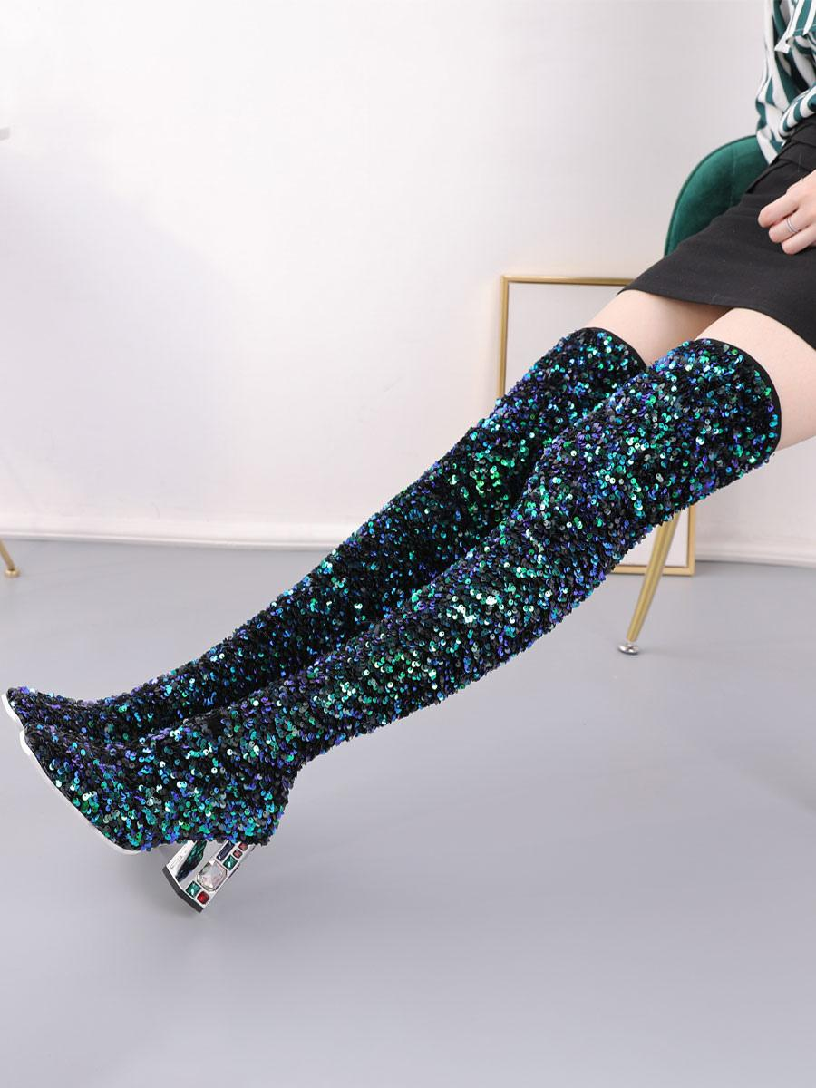 Chic Square Toe Sequined Over-The-Knee Winter Boots