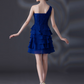 Navy Beaded Oblique Shoulder Sleeveless Ruffle Prom Dress