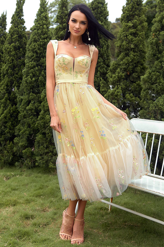 Champagne Embroidered Sleeveless Long Prom Dress