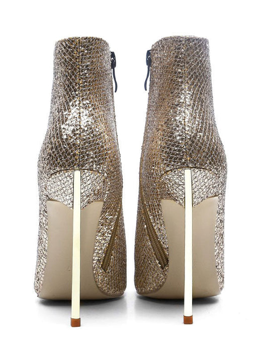 Gold Sequined Pointed Toe Stiletto High Heel Ankle Boots