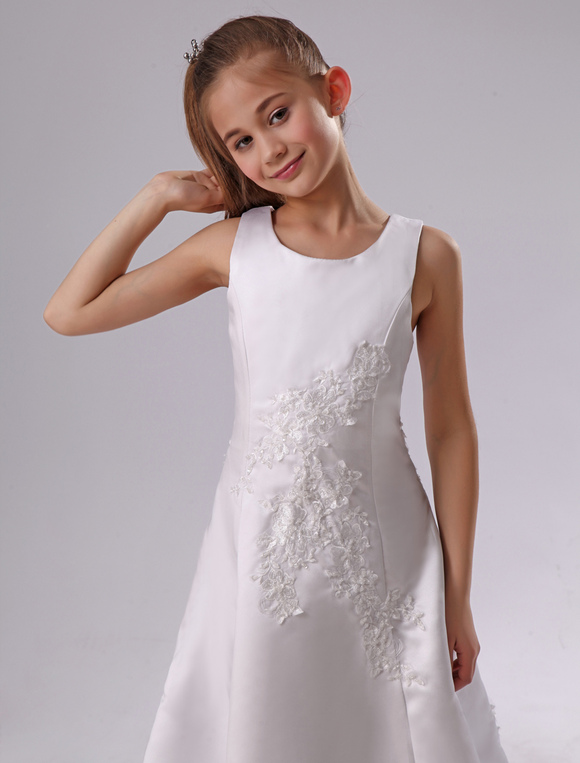 White Satin Applique Sleeveless Long Kids Wedding Dress