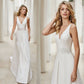 White Deep V-Neck Flower Lace Embroidered Wedding Dress