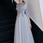 Light Gray Lace Flower Applique Half Sleeves Prom Dress