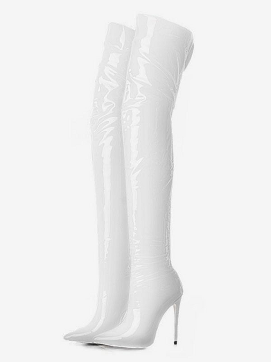 Women's Patent Bright Leather Thigh-High Stiletto Boots with Pointed Toe