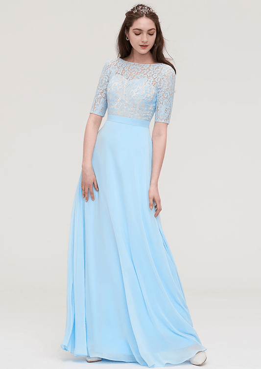 A-Line Sky Blue Lace Half Sleeves Maxi Bridesmaid Dress