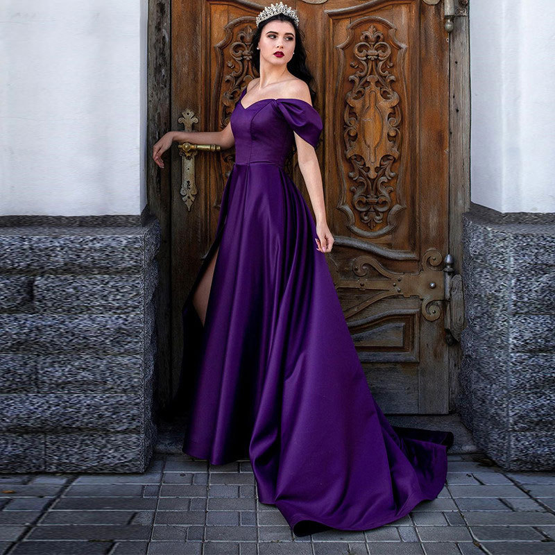 Purple Off-Shoulder Sleeveless Mermaid Long Evening Slit Dress