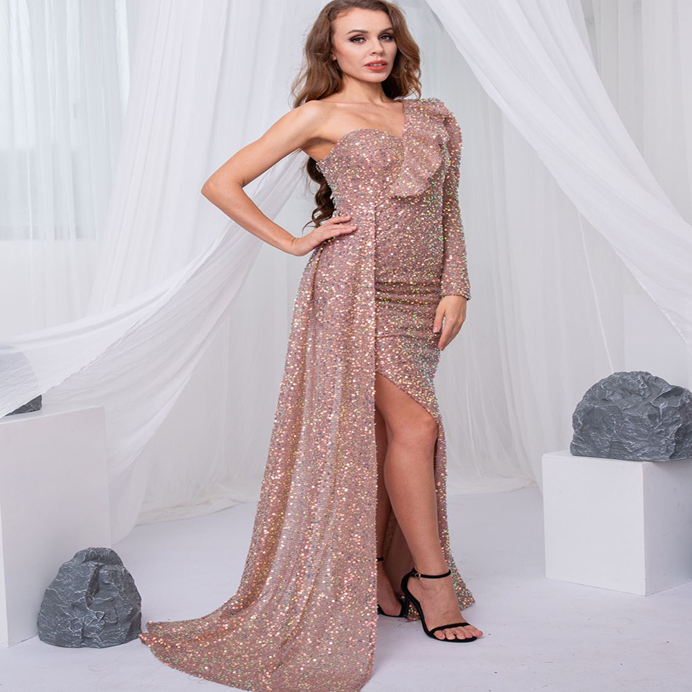 Sequin One Shoulder Long Sleeves Evening Slit Dress