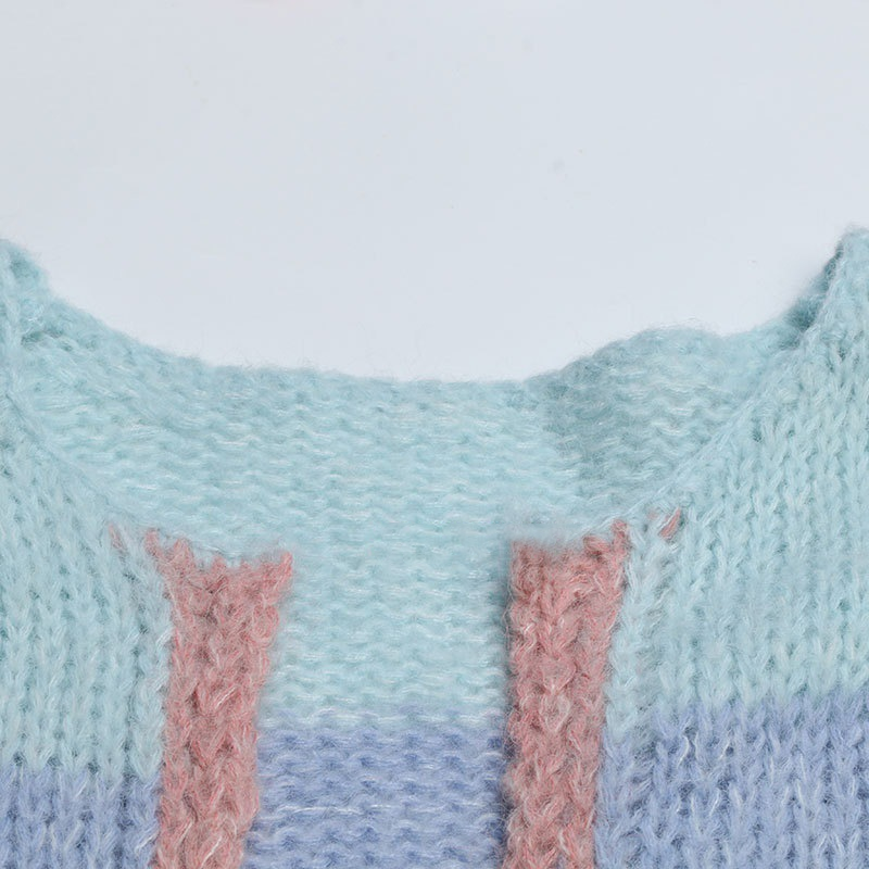 Sky Blue Hand-knitted Contrast Color Loose Cardigan