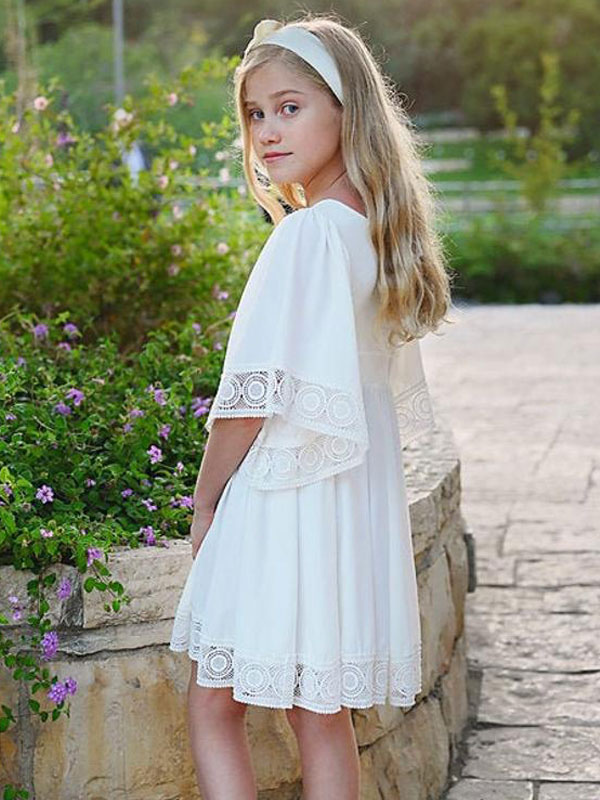 White A-Line Square Neck Half Sleeves Kids Party Dress