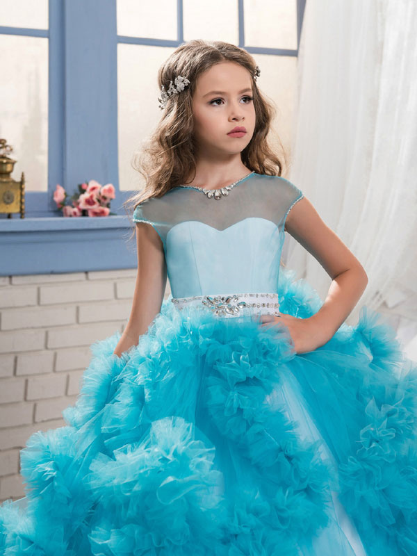 Jewel Neck Short Sleeves Long Kids Wedding Dress