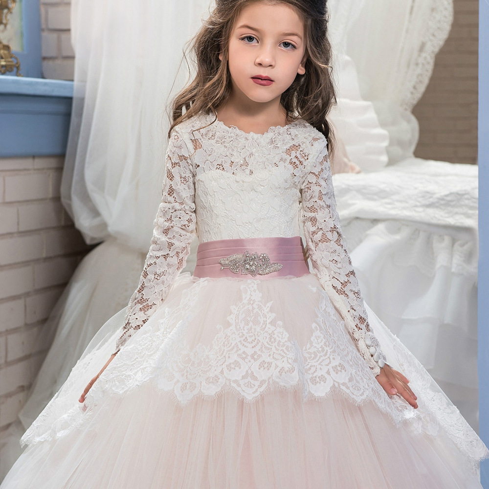 Cornsilk Lace Embroidered Long Sleeves Kids Wedding Dress