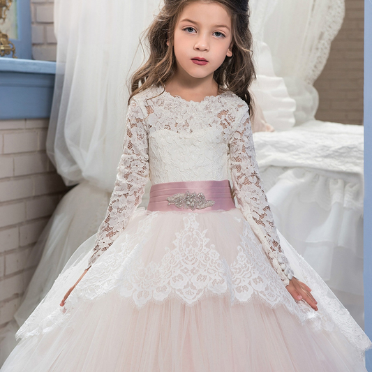 Cornsilk Lace Embroidered Long Sleeves Kids Wedding Dress