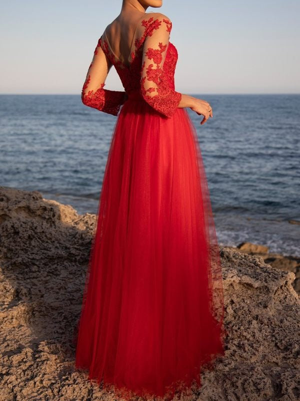 Red Floral Embroidered Evening Dress