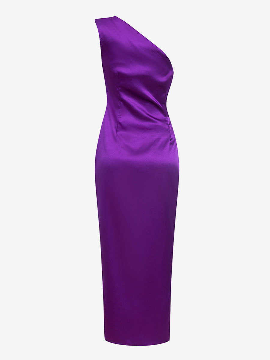 Satin Oblique Shoulder High Slit Long Prom Dress