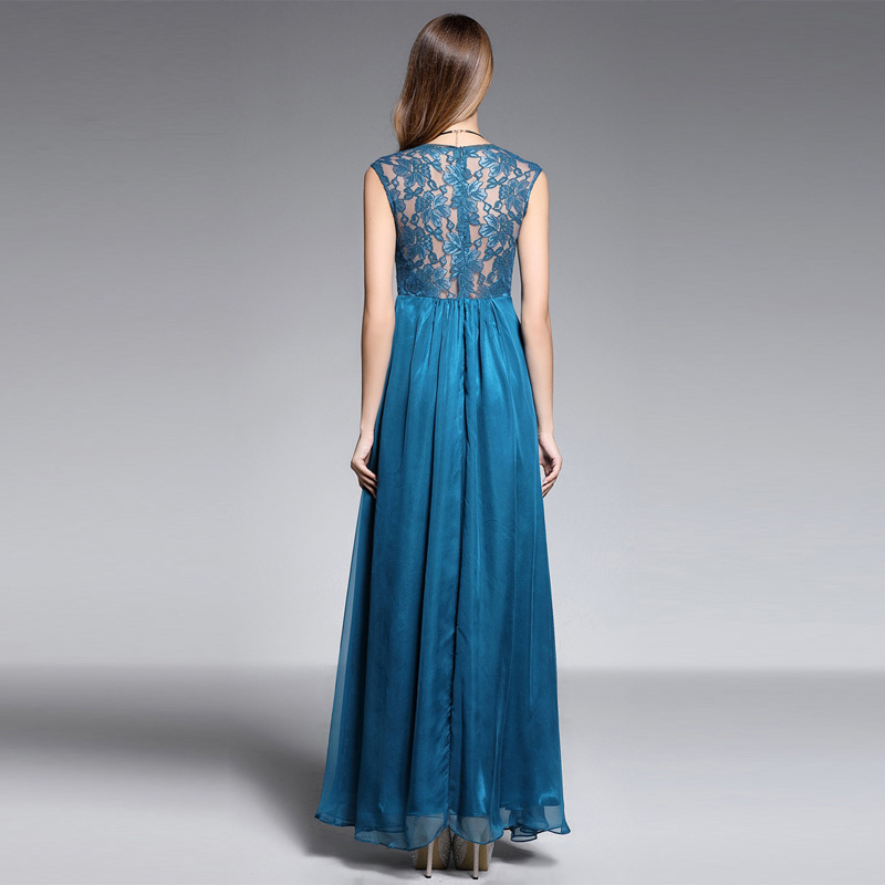 Deep Sky Blue Lace Embroidered Chiffon Sleeveless Bridesmaid Dress