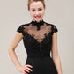 Black Lace Applique Short Sleeves Mermaid Evening Dress