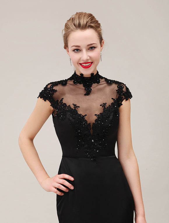 Black Lace Applique Short Sleeves Mermaid Evening Dress