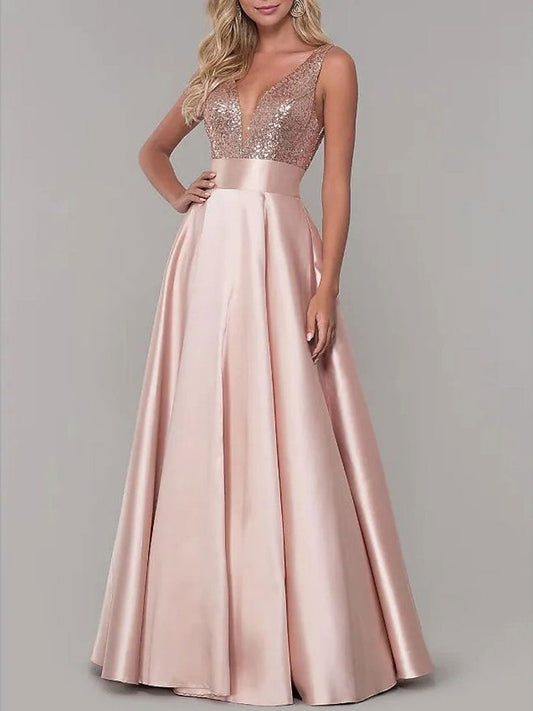 Light Pink Deep V-Neck Polyester Floor Sweeping Bridesmaid Dress