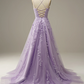 Appliqued Purple Tulle Long Prom Dress