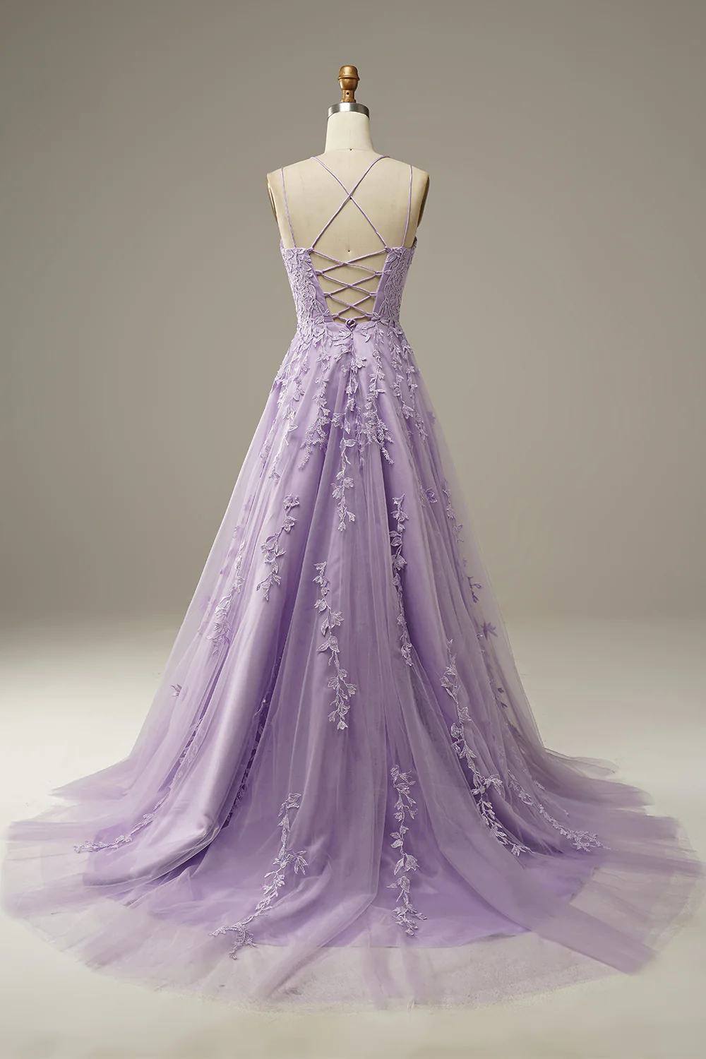 Appliqued Purple Tulle Long Prom Dress