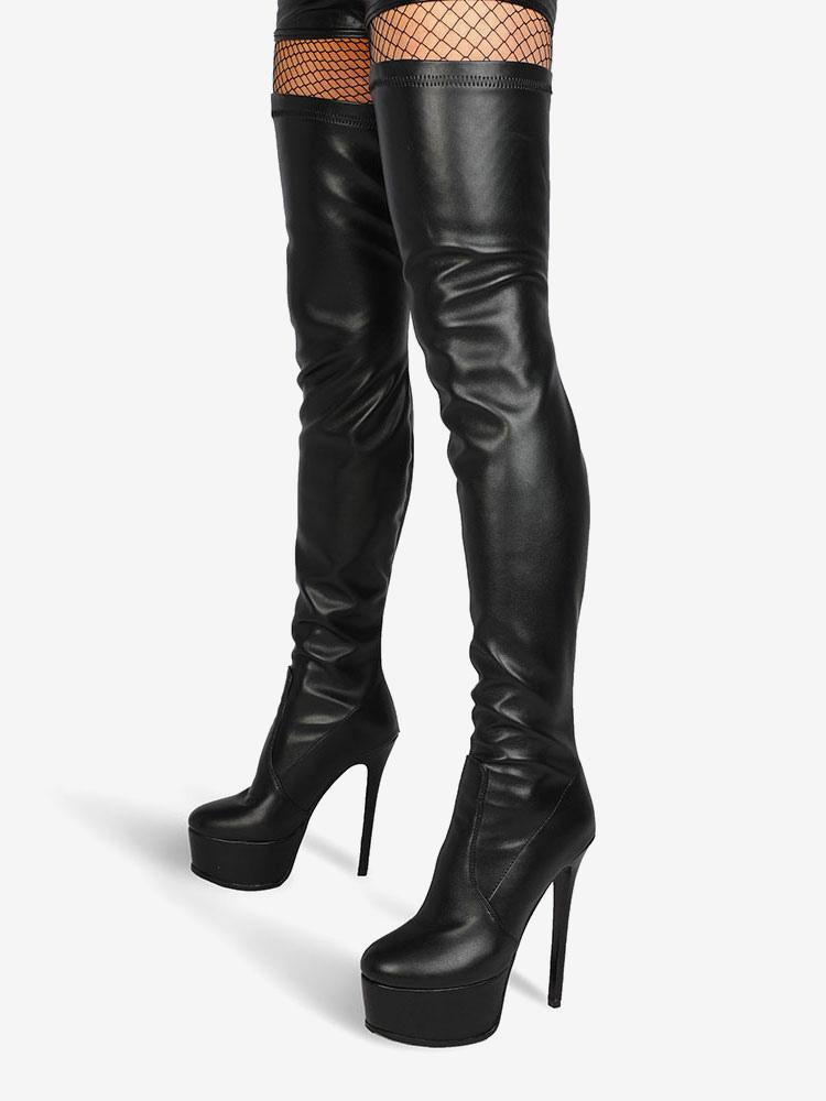 Classic Black Leather Over-The-Knee Round Toe Platform Boots