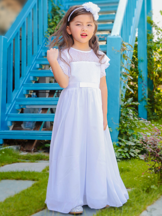 Jewel Neck Short Sleeves Pleated Kids Party Dress