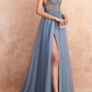 Embroidered V Neck Sleeveless High Slit Prom Dress