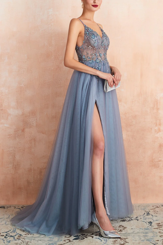 Embroidered V Neck Sleeveless High Slit Prom Dress