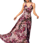 Floral Printed V Neck Long Evening Dress